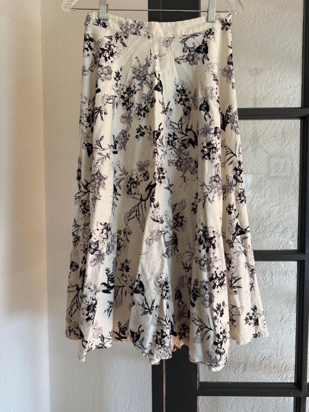 Who What Wear Cream Floral A-Line Midi Skirt with Black and Soft Pink Print